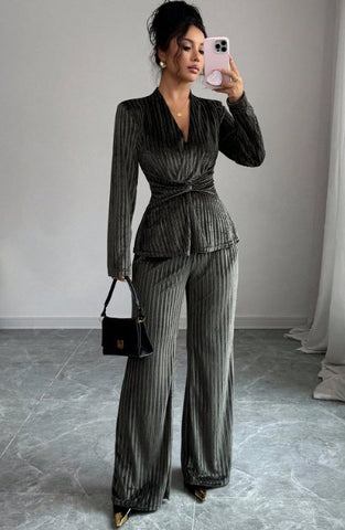 Elegant Pleated Velvet Trouser Set