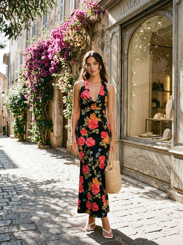 Floral Print Cowl Neck Bodycon Maxi Dress