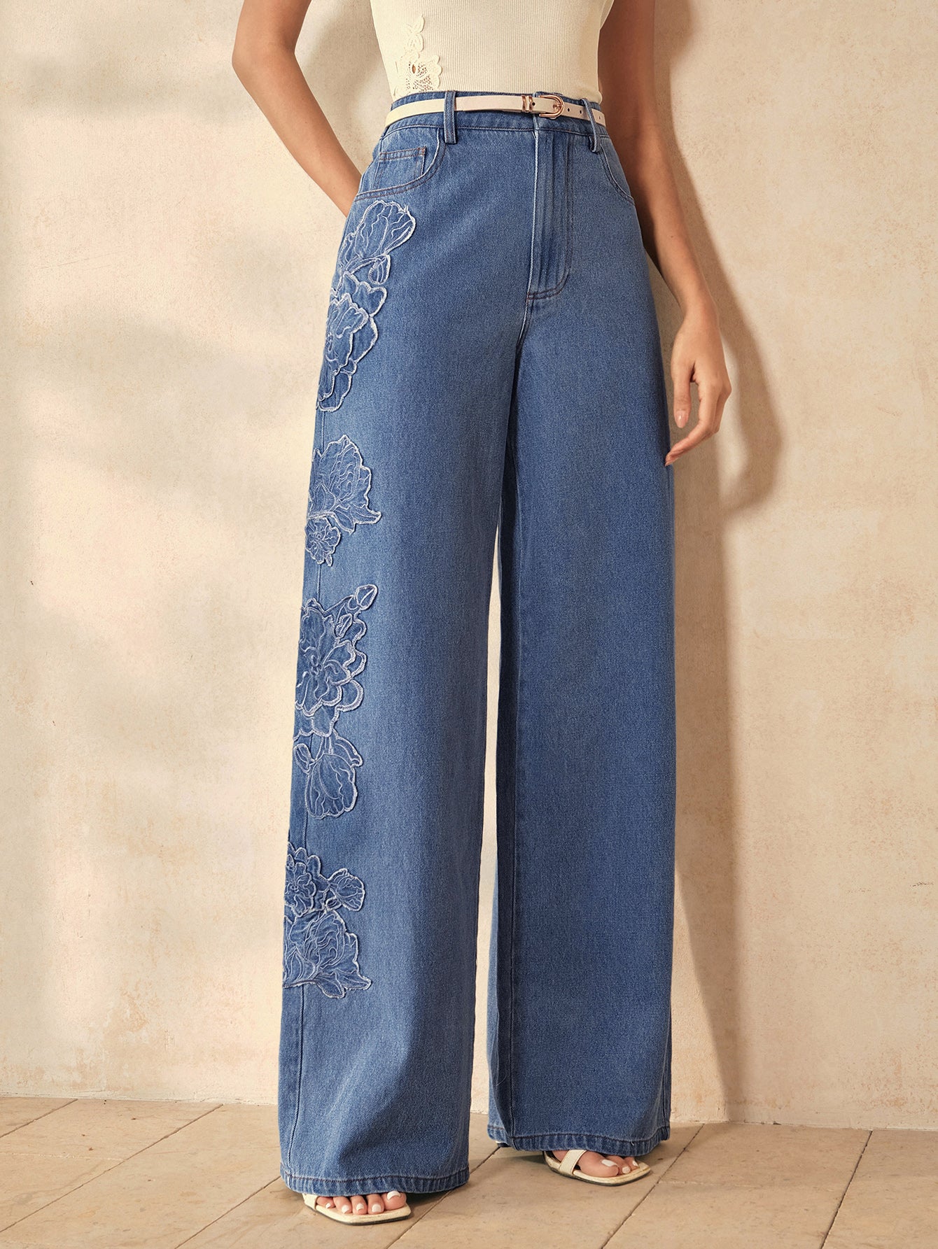 Embroidered High Waisted Wide Leg Jeans