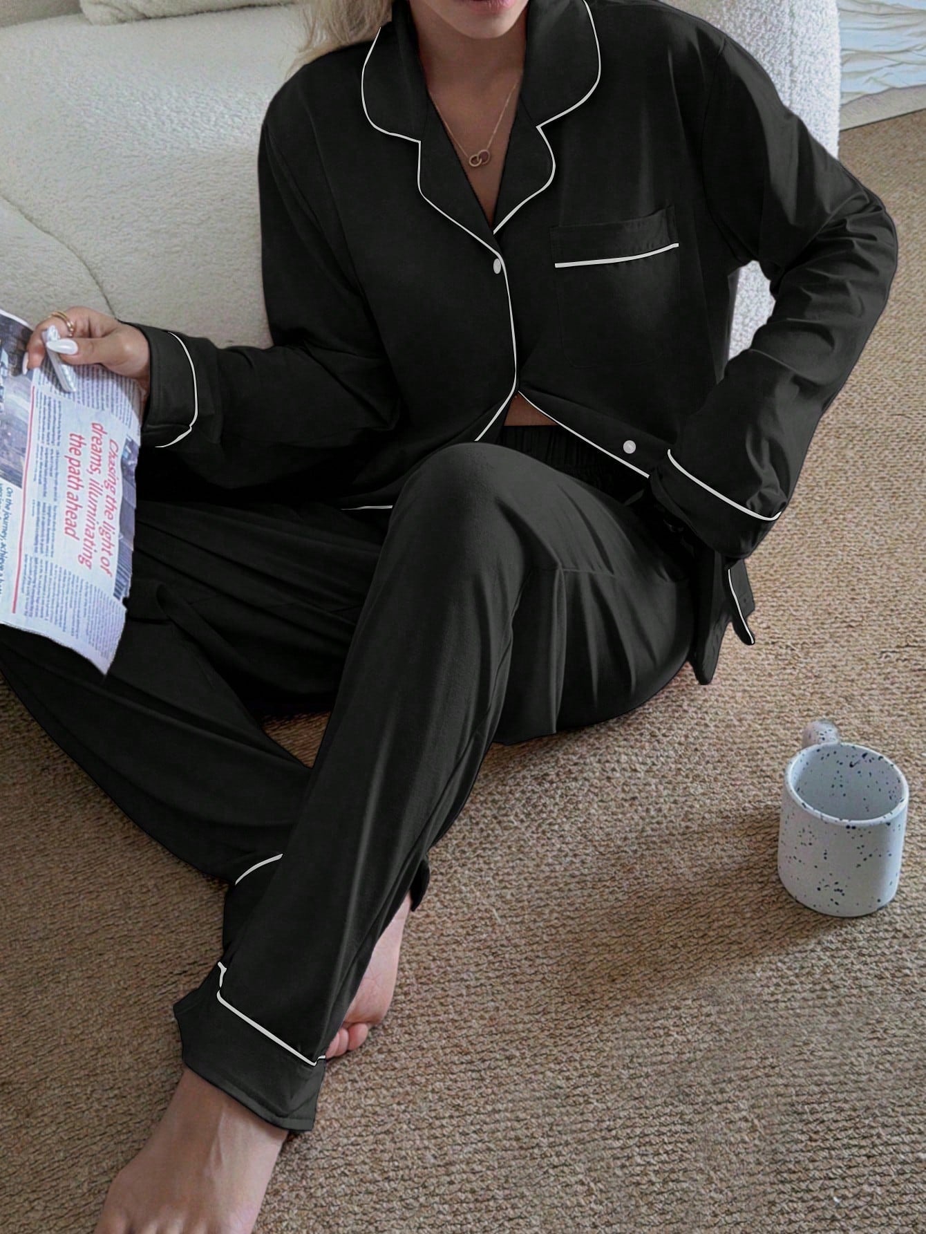 Soft Satin Piping Pajama Sleepwear Set