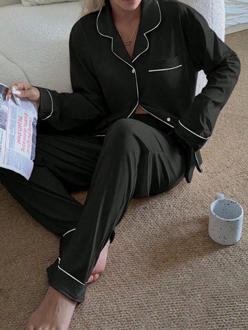 Soft Satin Piping Pajama Sleepwear Set