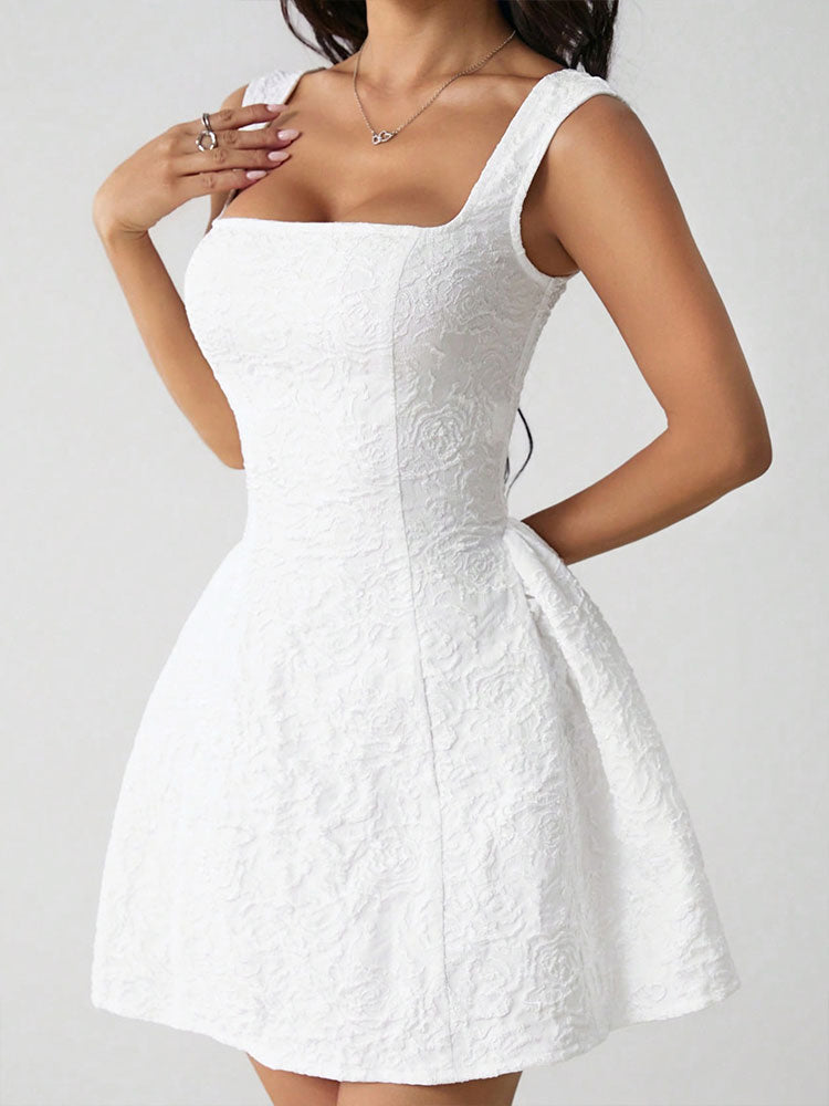 Sleeveless Square Neck Sweet Mini Dress-White