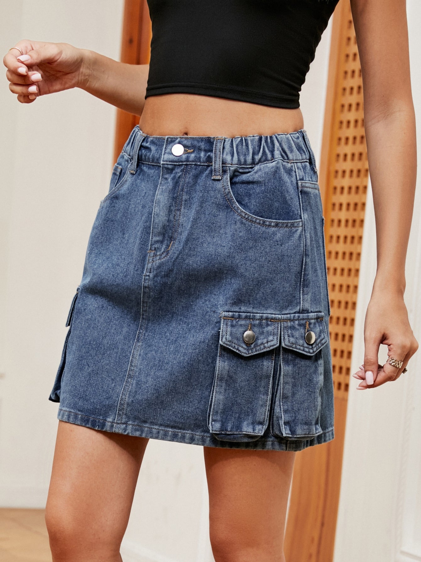 High Waisted Cargo Denim Mini Skirt