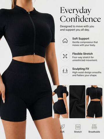 Seamless Ribbed Zip Up Workout Set