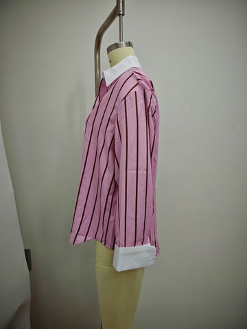 Oversized Striped Contrast Collar Button Down Shirt
