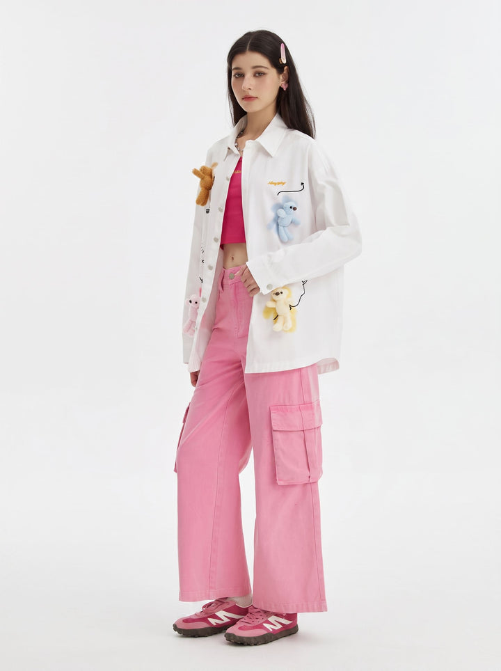 Whimsical Teddy Bear Graphic Button Shirt
