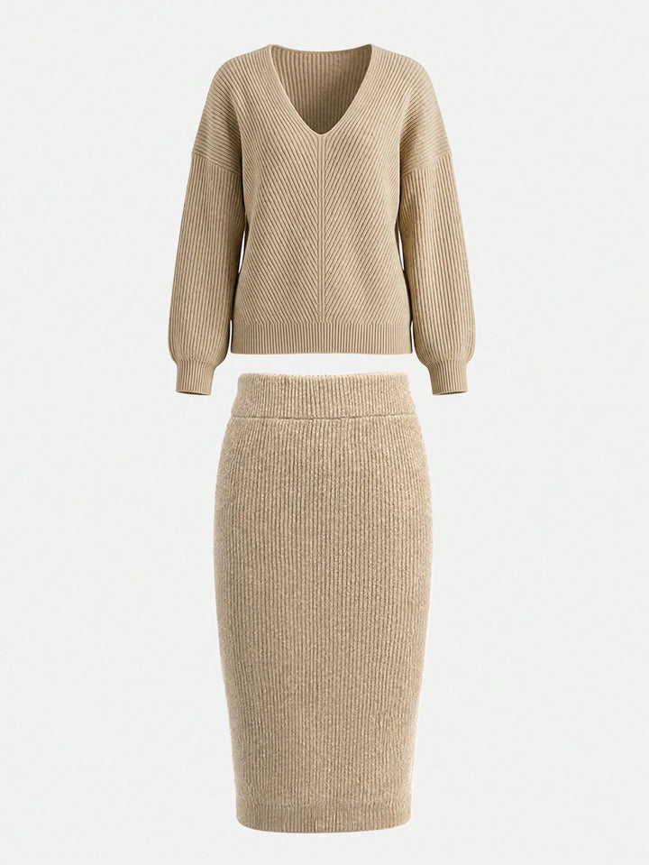 Cozy V Neck Knit Sweater Set