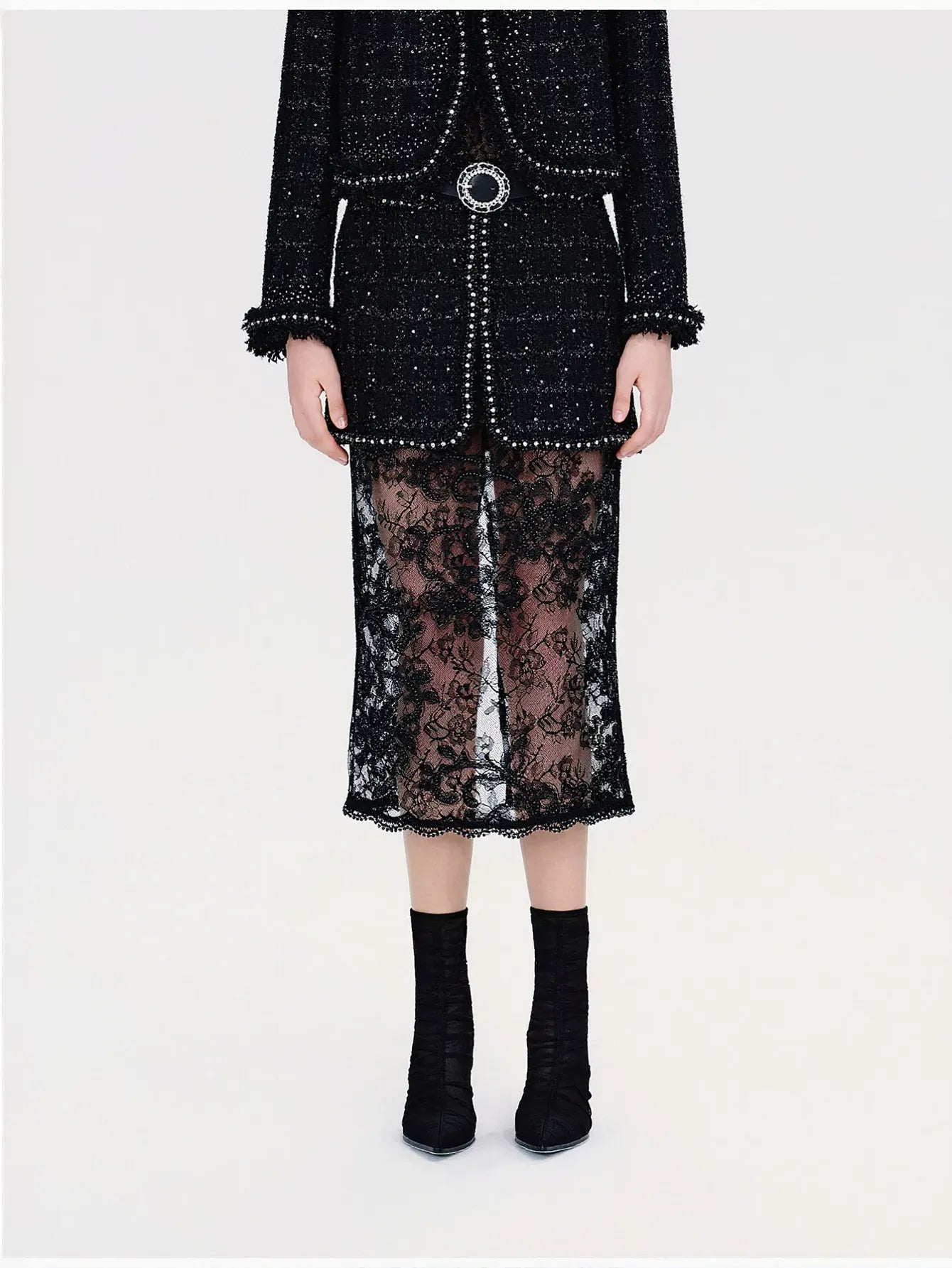 Embellished Tweed Lace Midi Skirt