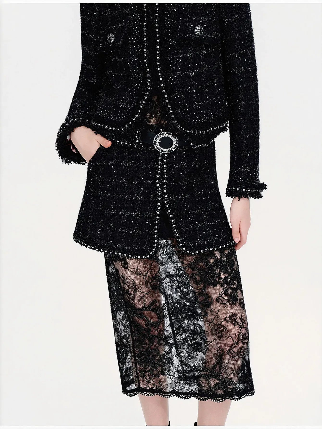 Embellished Tweed Lace Midi Skirt