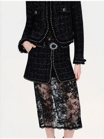 Embellished Tweed Lace Midi Skirt