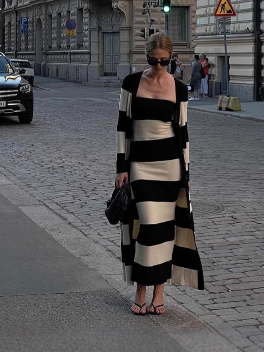 Striped Button Down Knit Midi Dress