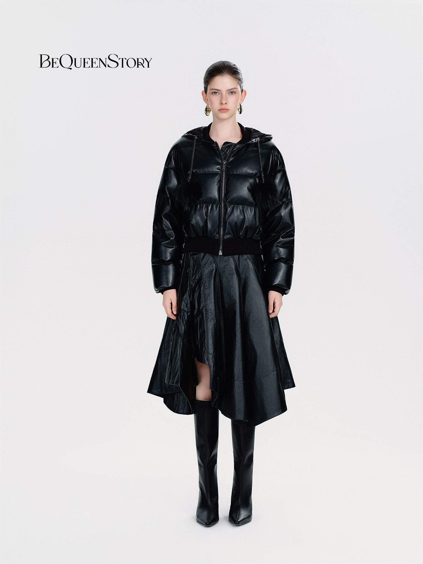 Cropped Faux Leather Puffer Jacket