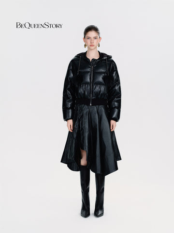 Cropped Faux Leather Puffer Jacket