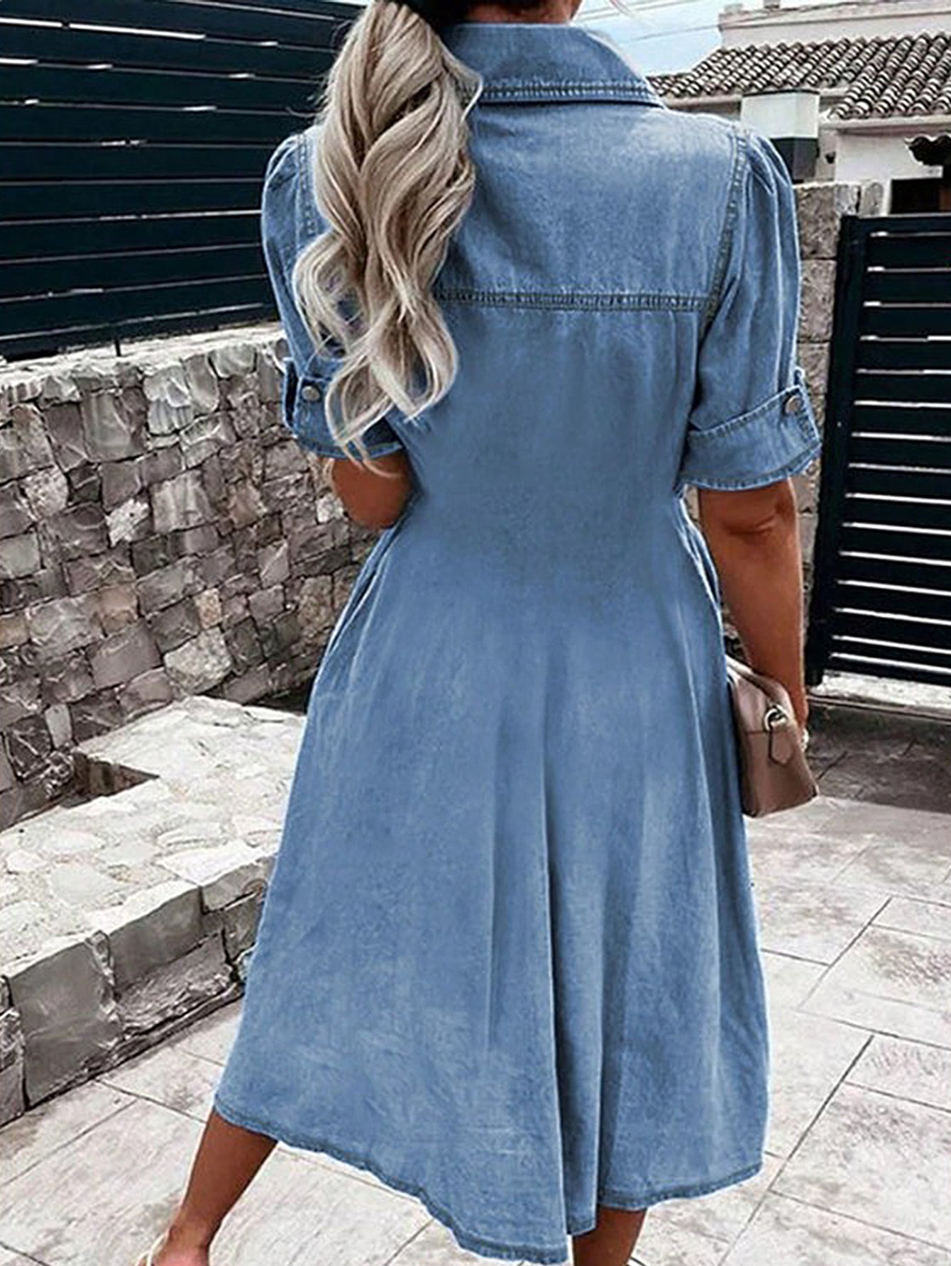 Button Front Pocket Detail Denim Mini Dress