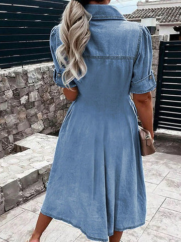 Button Front Pocket Detail Denim Mini Dress