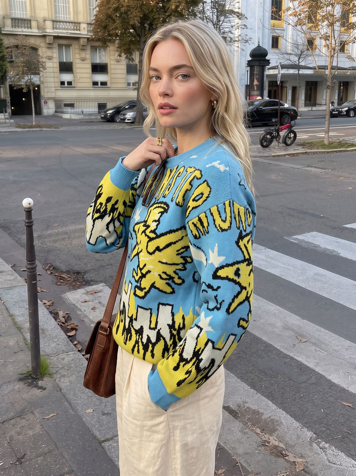 Oversized Graphic Monster Print Pullover Sweater