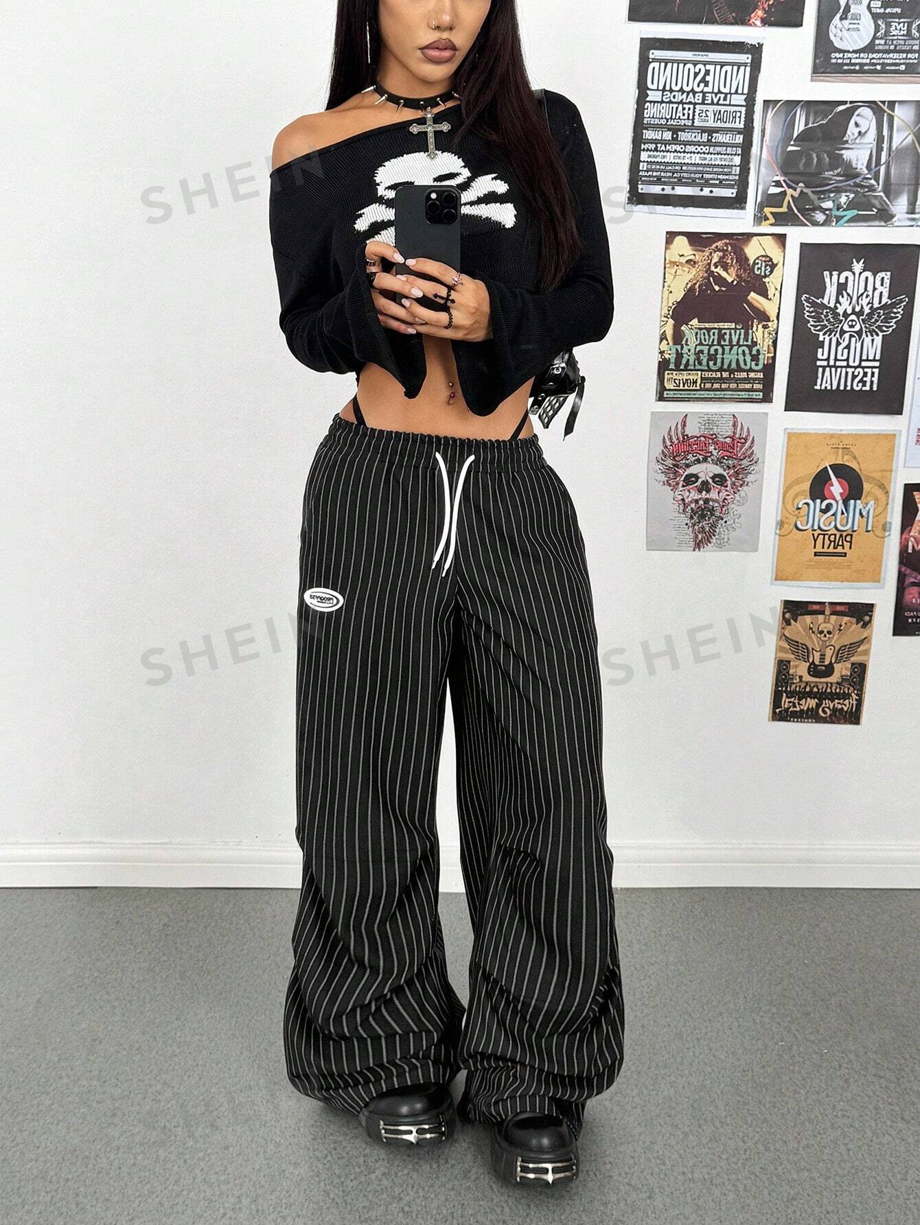 Pinstripe Drawstring Baggy Wide Leg Pants