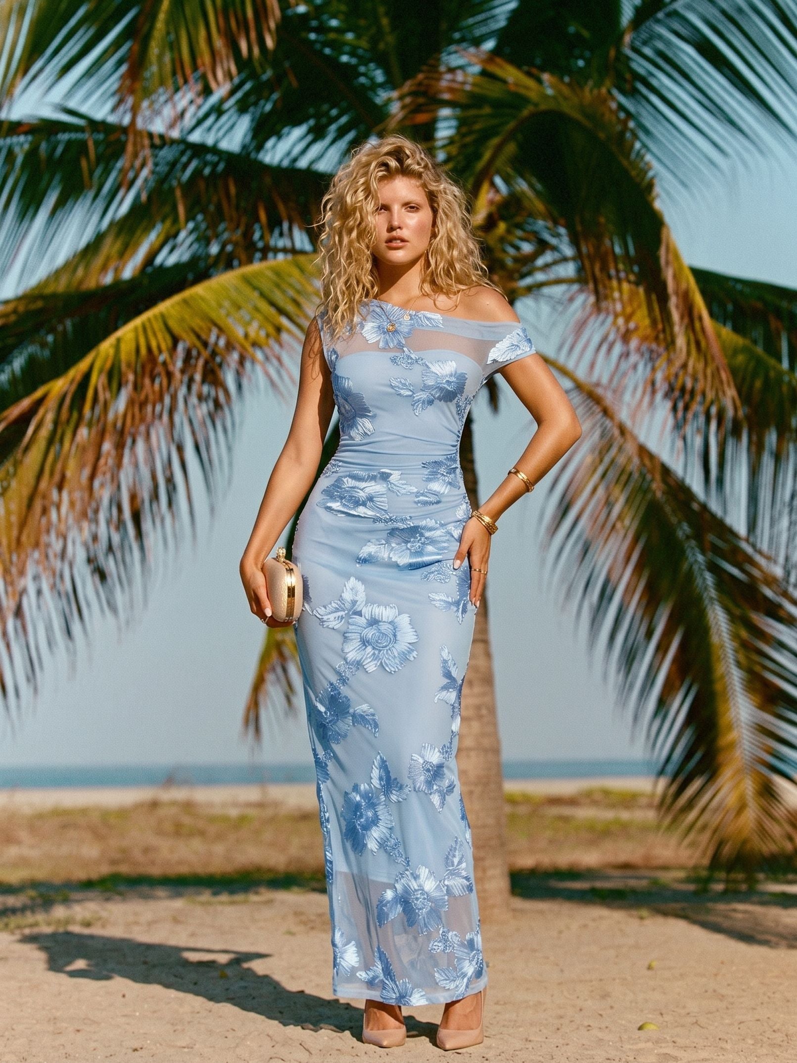Floral Embroidered Off Shoulder Maxi Dress