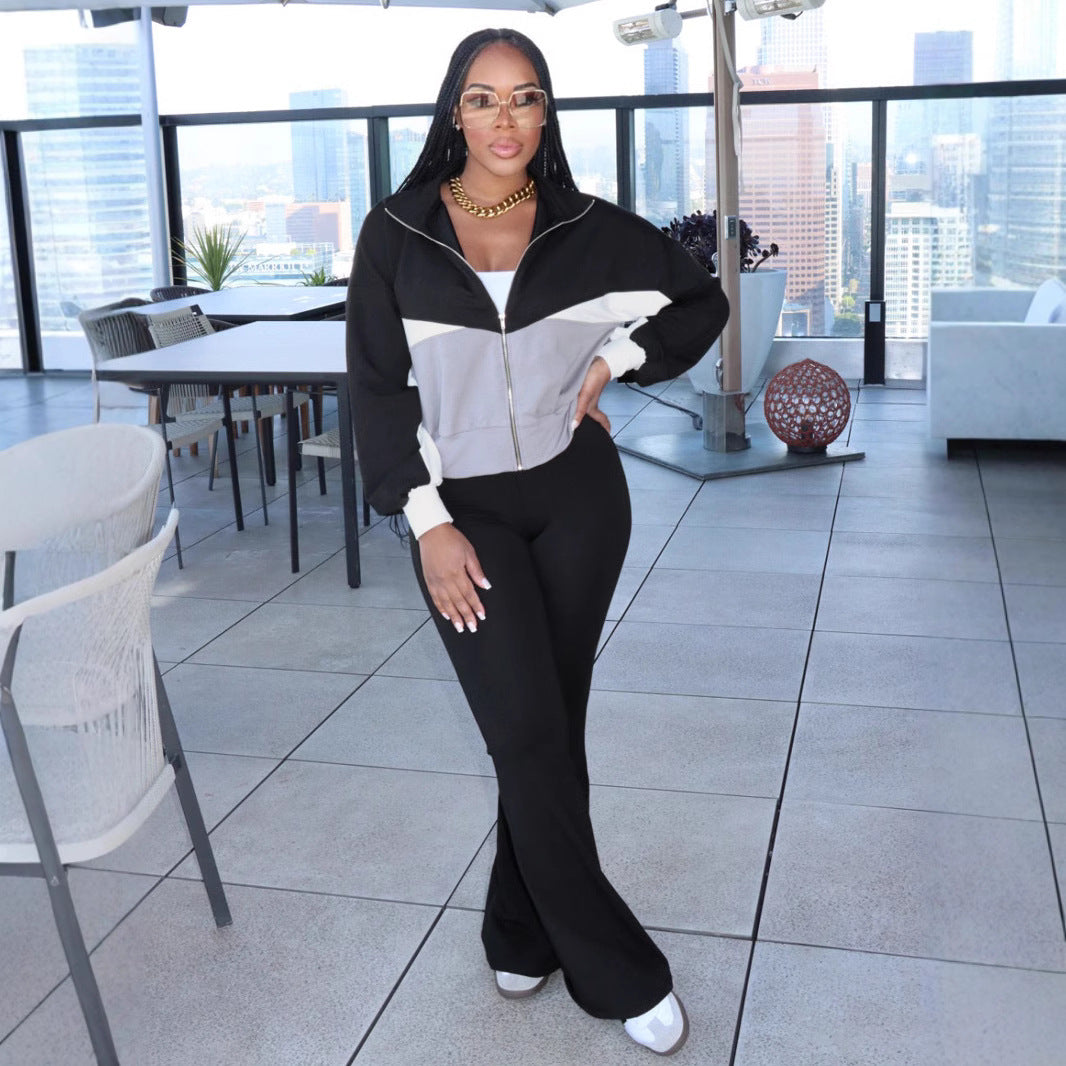 Colorblock Zip Up Flare Pants Set