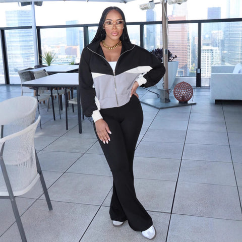 Colorblock Zip Up Flare Pants Set
