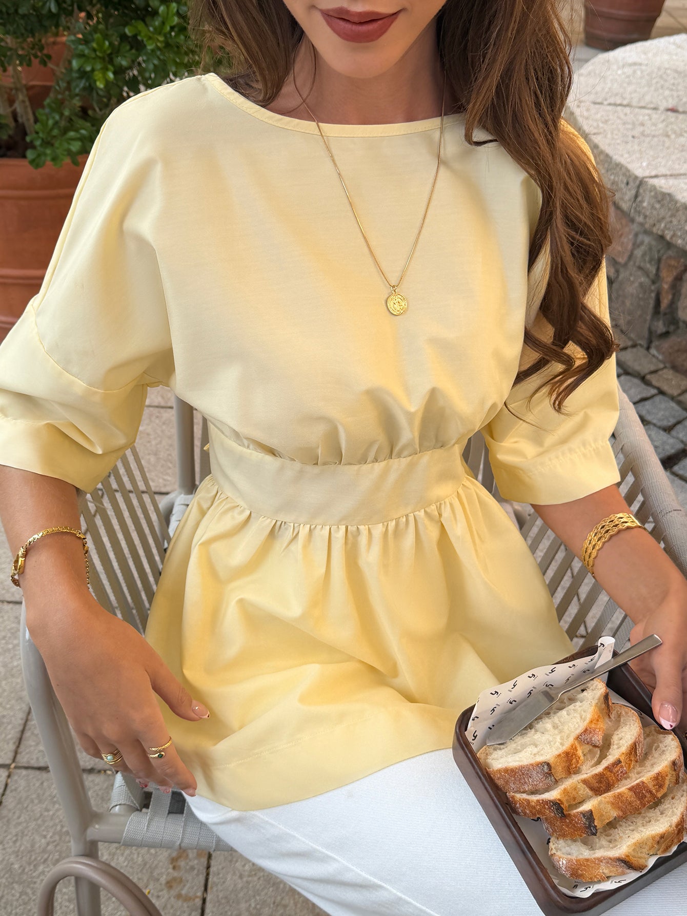 Boatneck 3/4-Sleeve Waist-Ruching Chic T-Shirt-Yellow