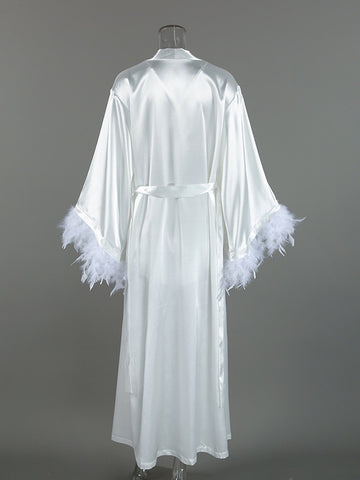 Feather Trim Satin Pajama Set