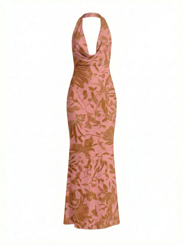 LILA Floral Print Cowl Neck Bodycon Midi Dress