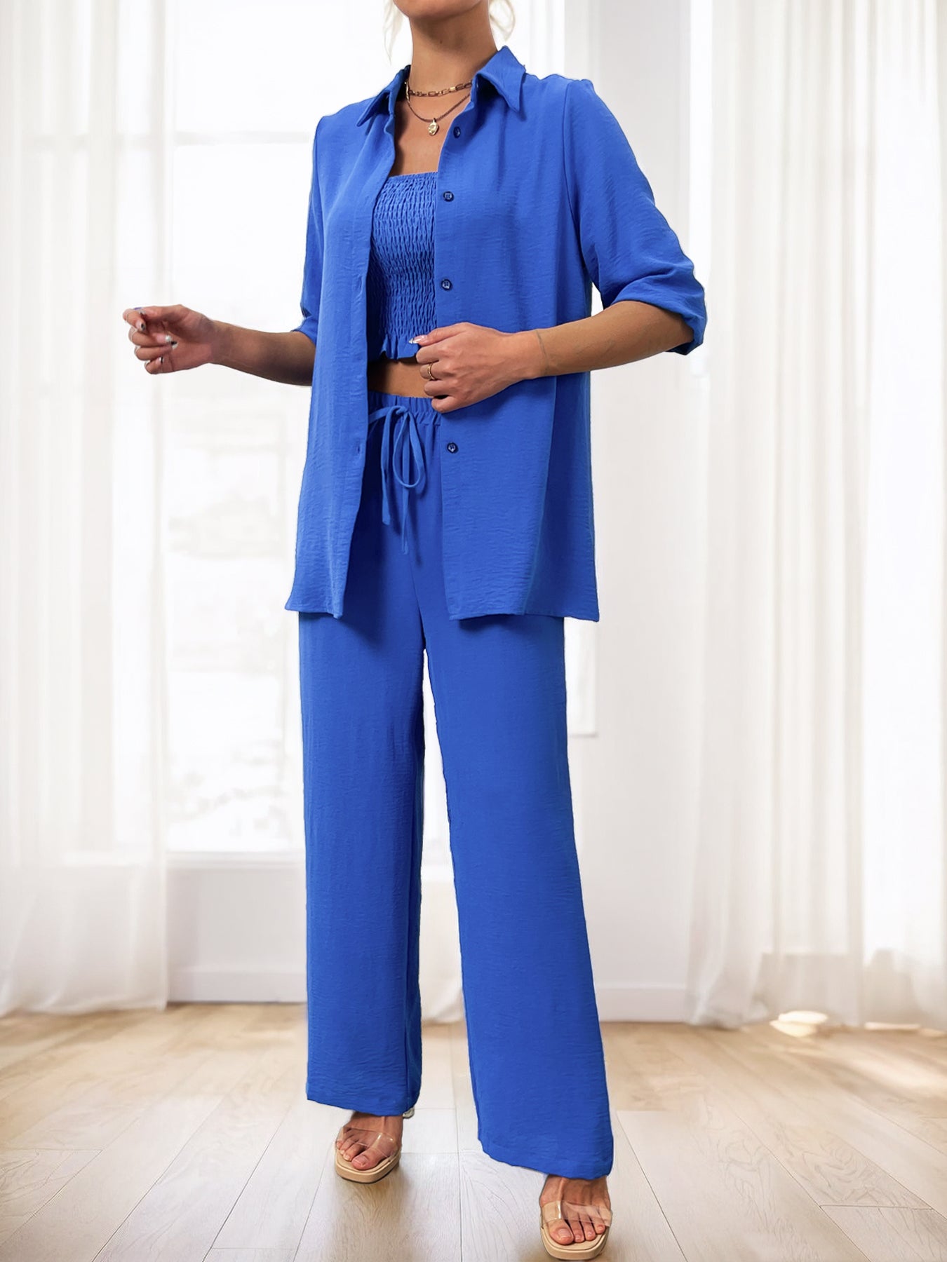 Classic-Collar Shirt Drawstring-Waist Pants Relaxed Set-Multicolor