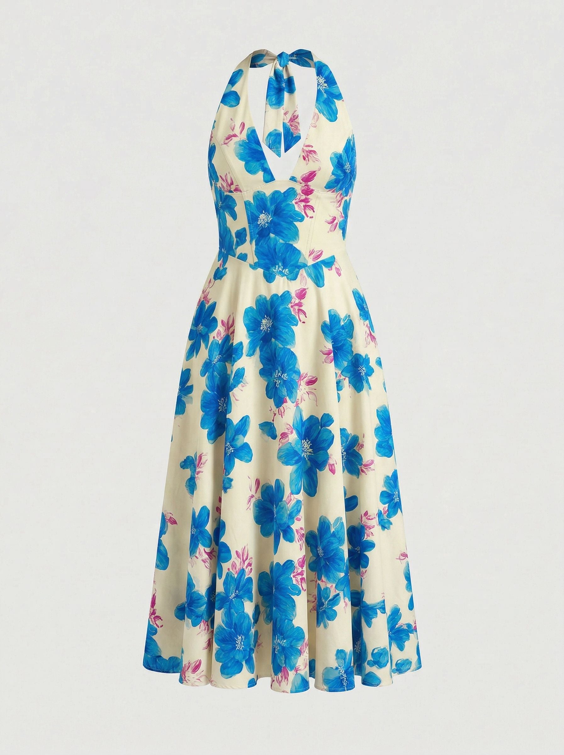 Floral Print Halter Neck Tie Back Midi Dress