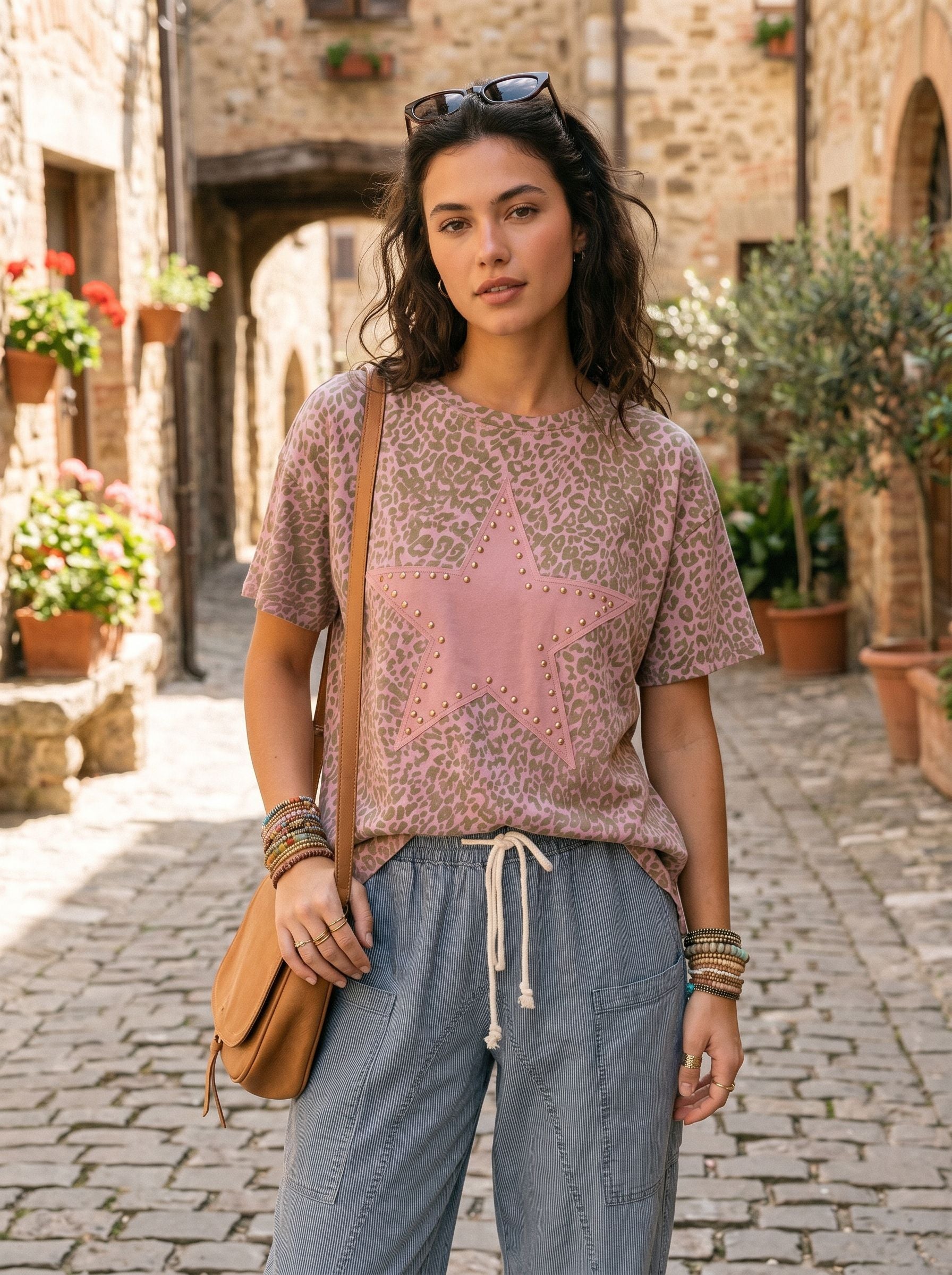 Leopard Star Studded Graphic T Shirt