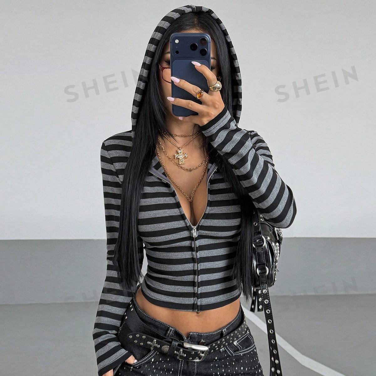 Cropped Striped Zip Up Hoodie