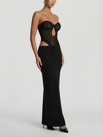 Sheer Panel Cutout Slim-Fit Sexy Maxi Evening Dress-Black