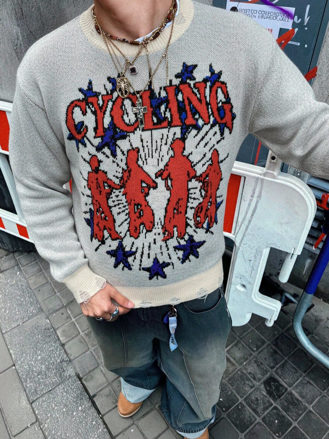 Distressed Graphic Oversized Knit Sweater