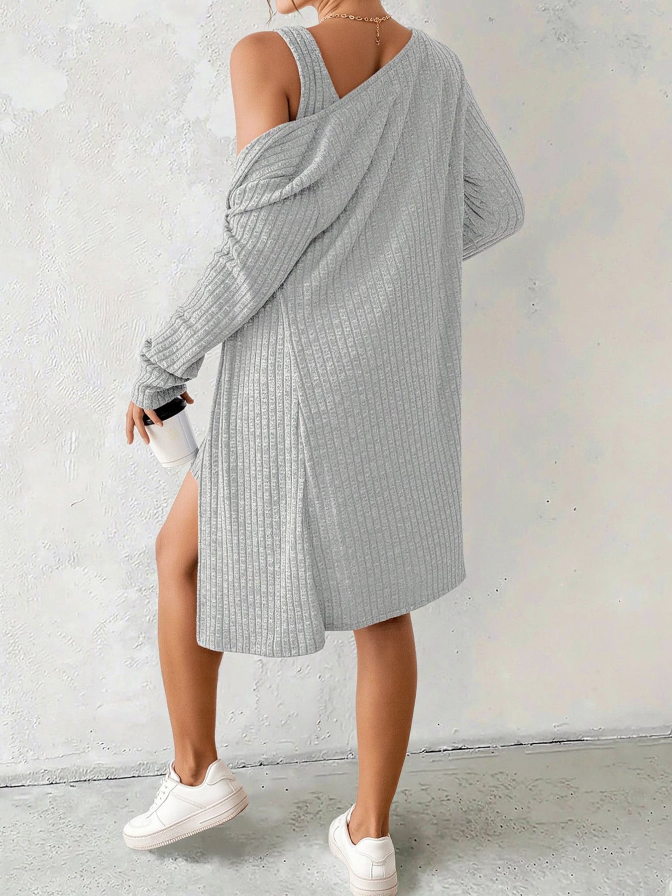 Ribbed Button Front Cardigan Skirt Set