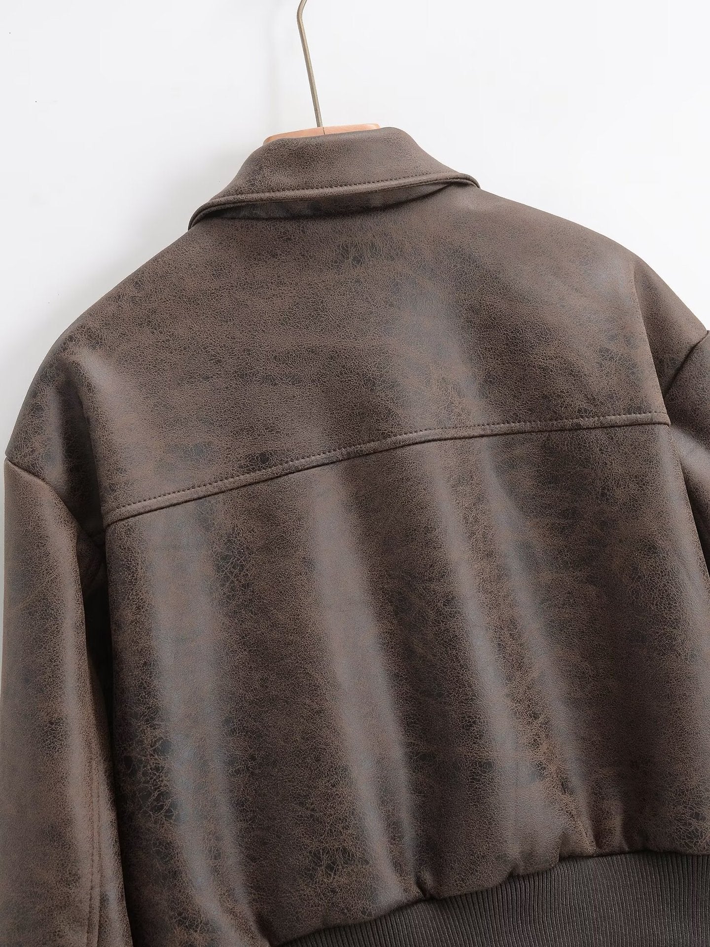 Distressed Faux Leather Bomber Jacket