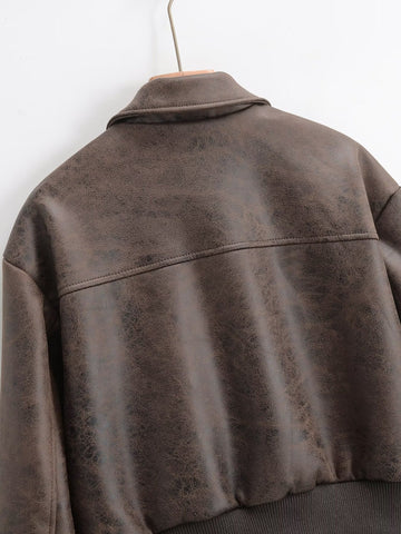 Distressed Faux Leather Bomber Jacket