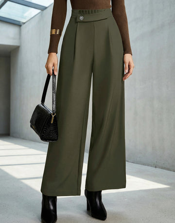High-Waisted Wide-Leg Button-Front Classic Pants