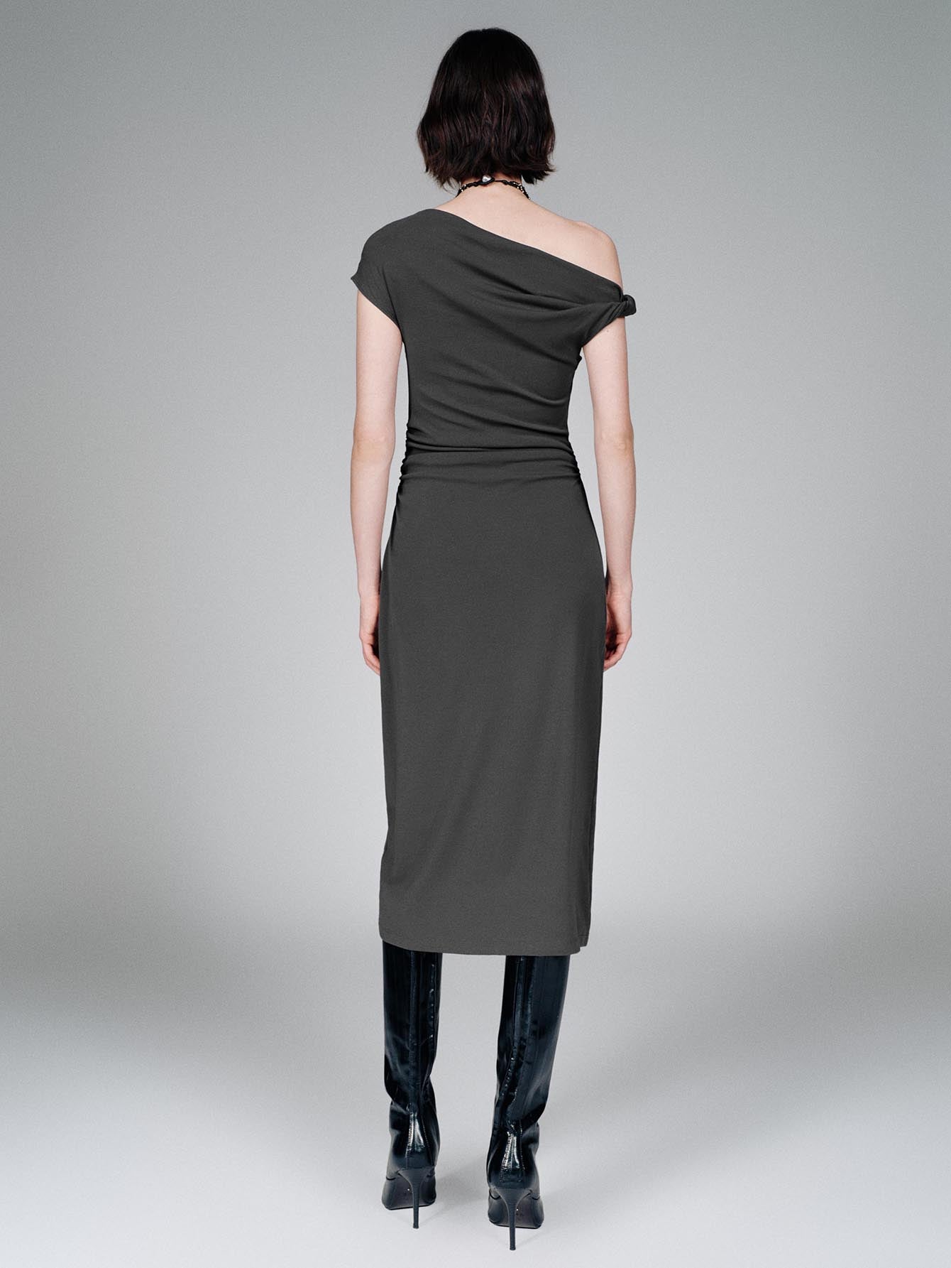 Urban Revivo One Shoulder Ruched A-Line Midi Dresses-Grey