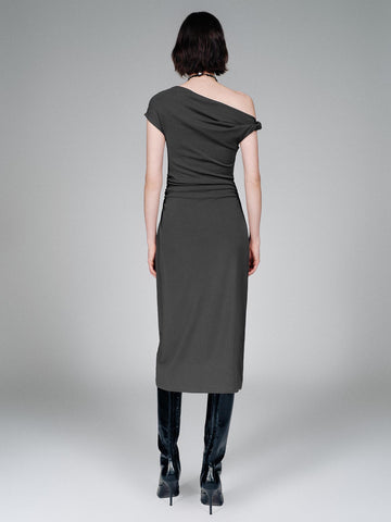 Urban Revivo One Shoulder Ruched A-Line Midi Dresses-Grey