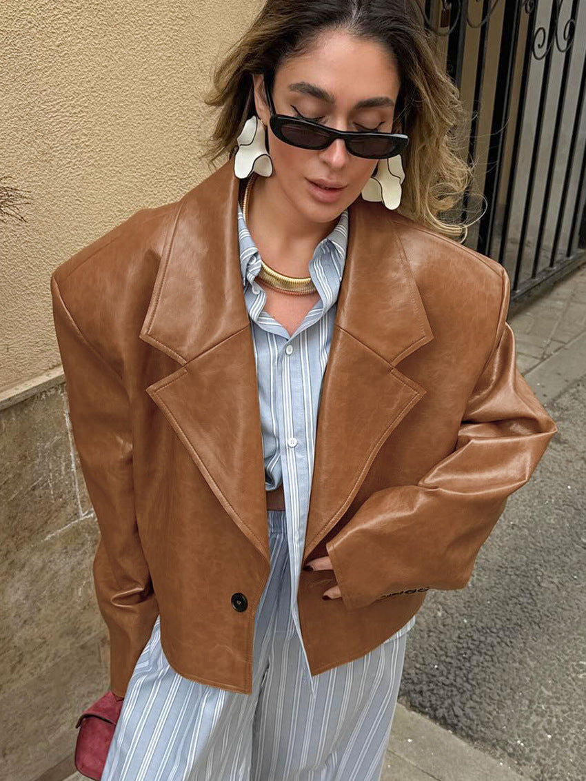 Oversized Brown Faux Leather Blazer Jacket