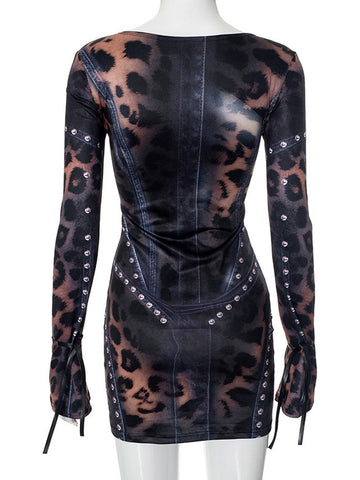 Studded Leopard Print Mini Dress