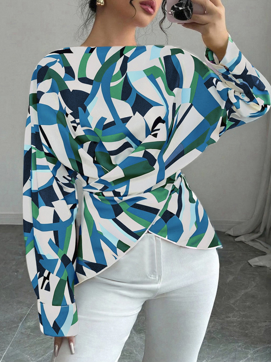 Abstract Print Draped Chiffon Blouse