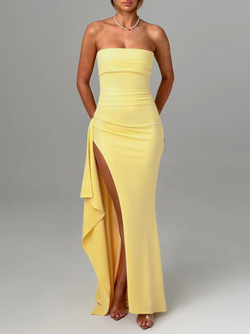 Strapless Ruched High Slit Maxi Dress