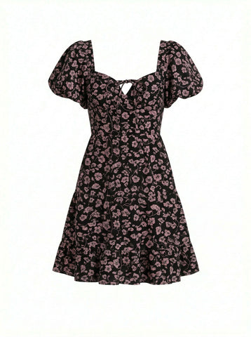 AYLA Floral Print Puff Sleeve Tiered Mini Dress