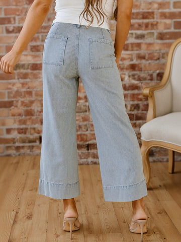 High Waisted Pinstripe Wide Leg Jeans