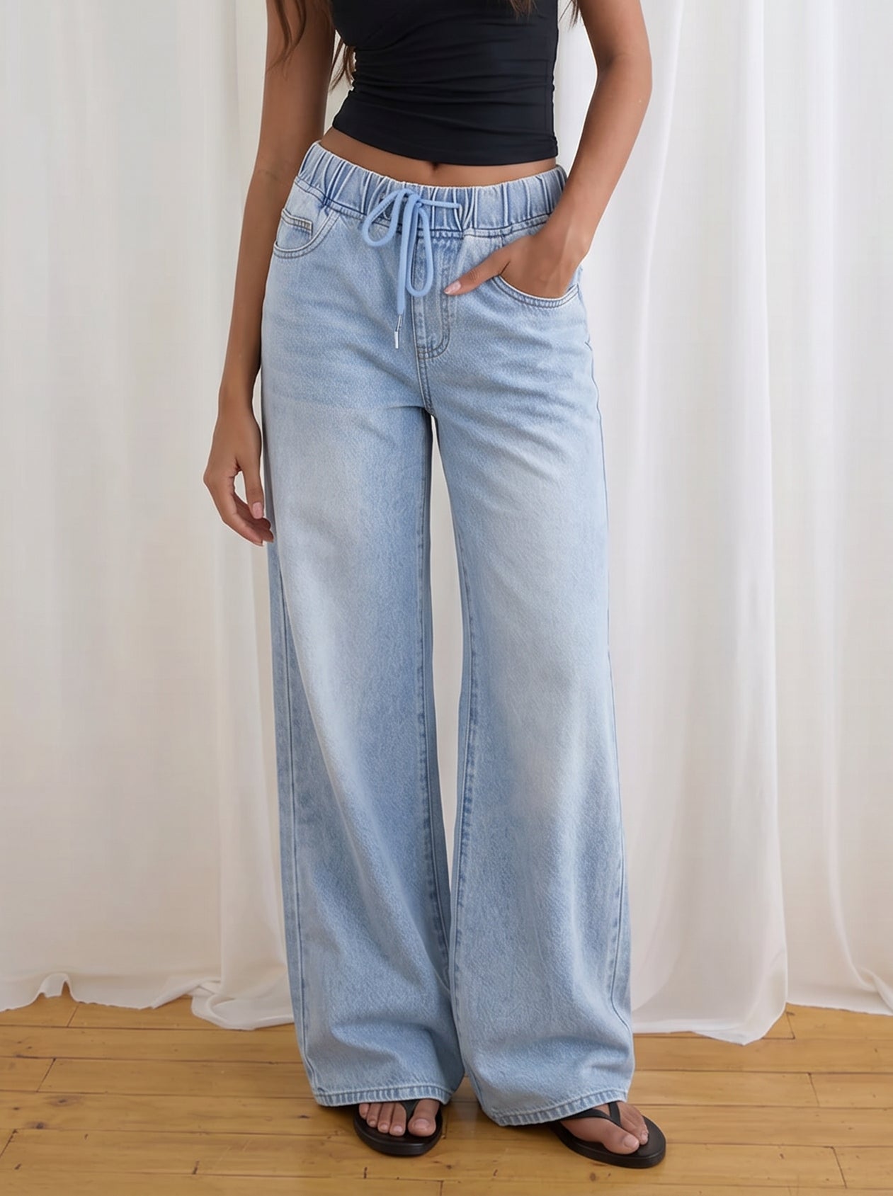 High Waisted Drawstring Wide Leg Jeans