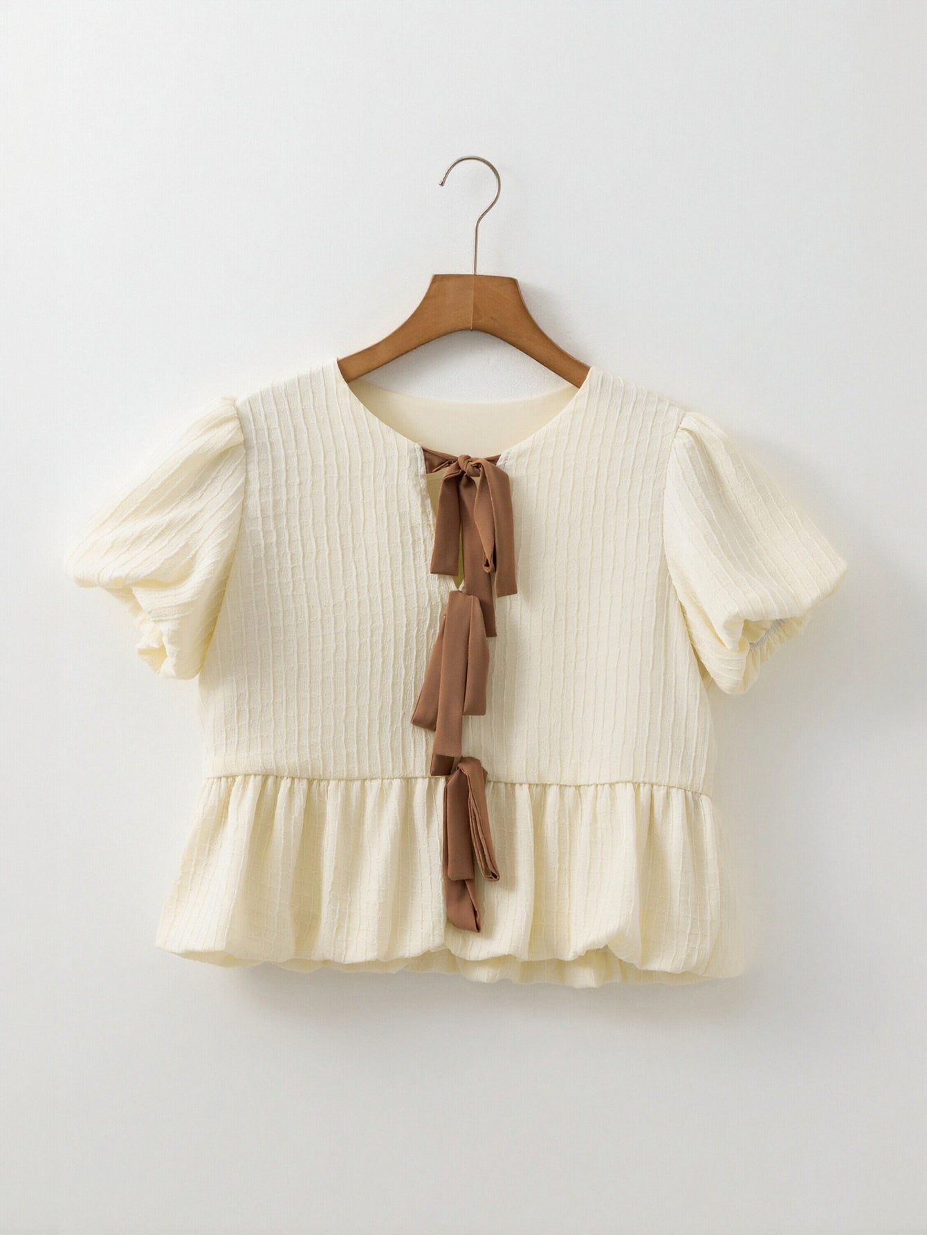 Bow Tie Puff Sleeve Peplum Blouse