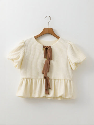 Bow Tie Puff Sleeve Peplum Blouse