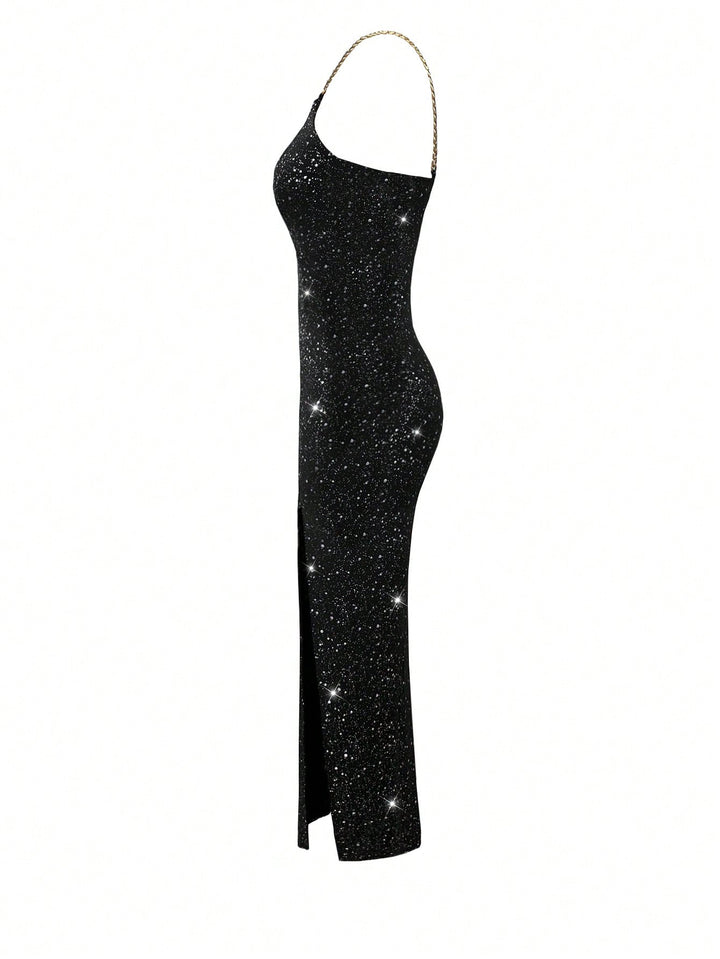 Glittery Cutout Chain Strap Midi Dress