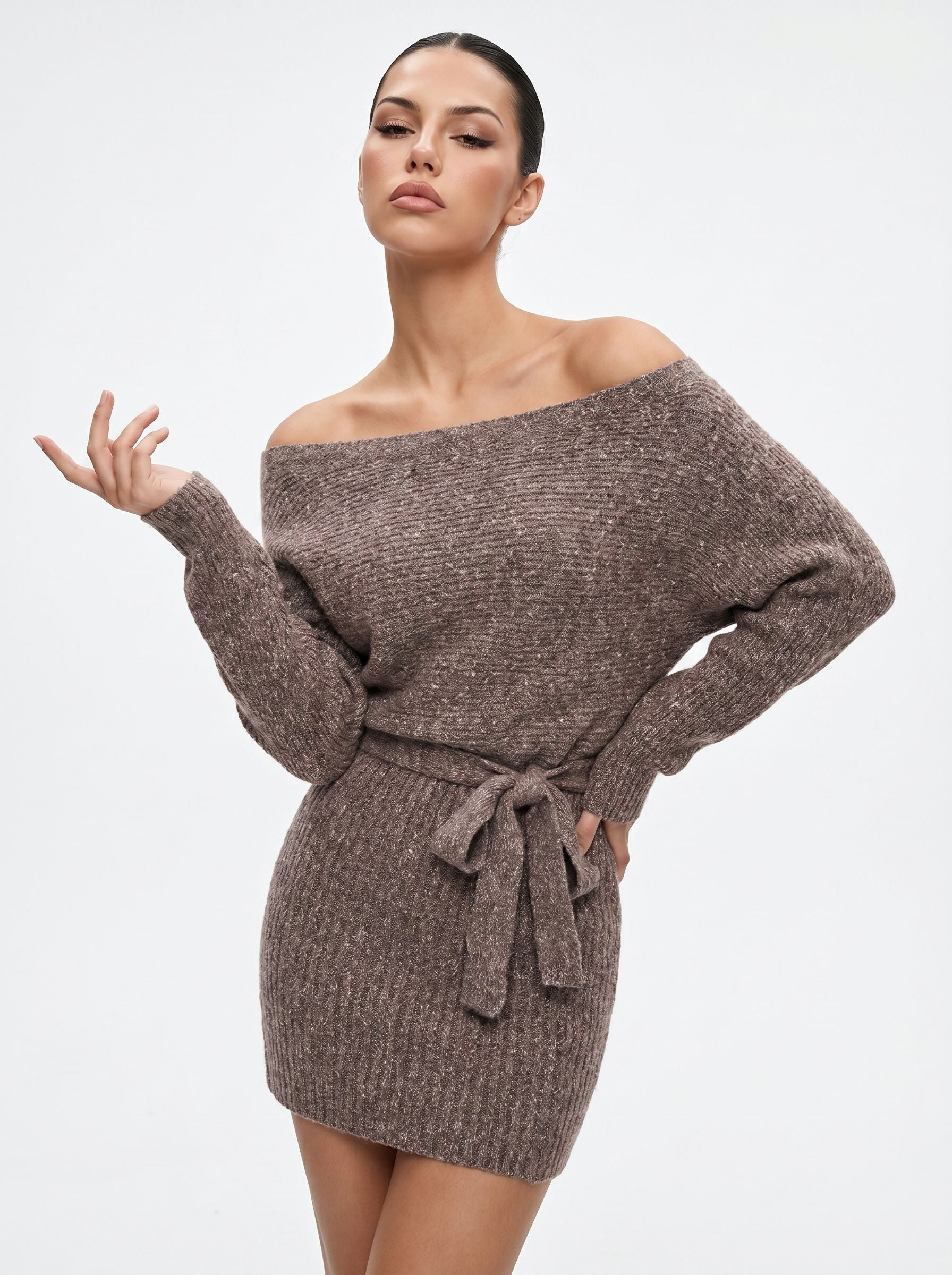 Off Shoulder Belted Knit Dress